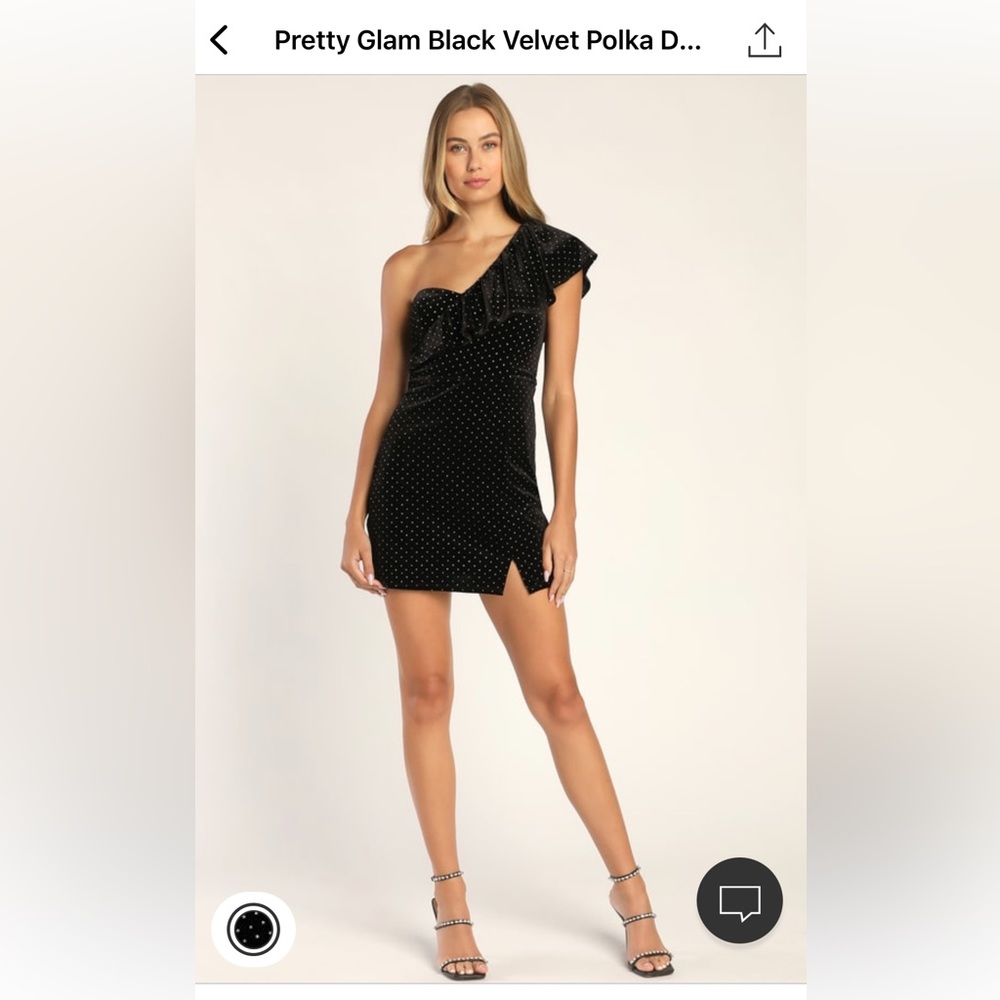 **LULU’S must buy ** Black velvet polka dot one shoulder mini dress!